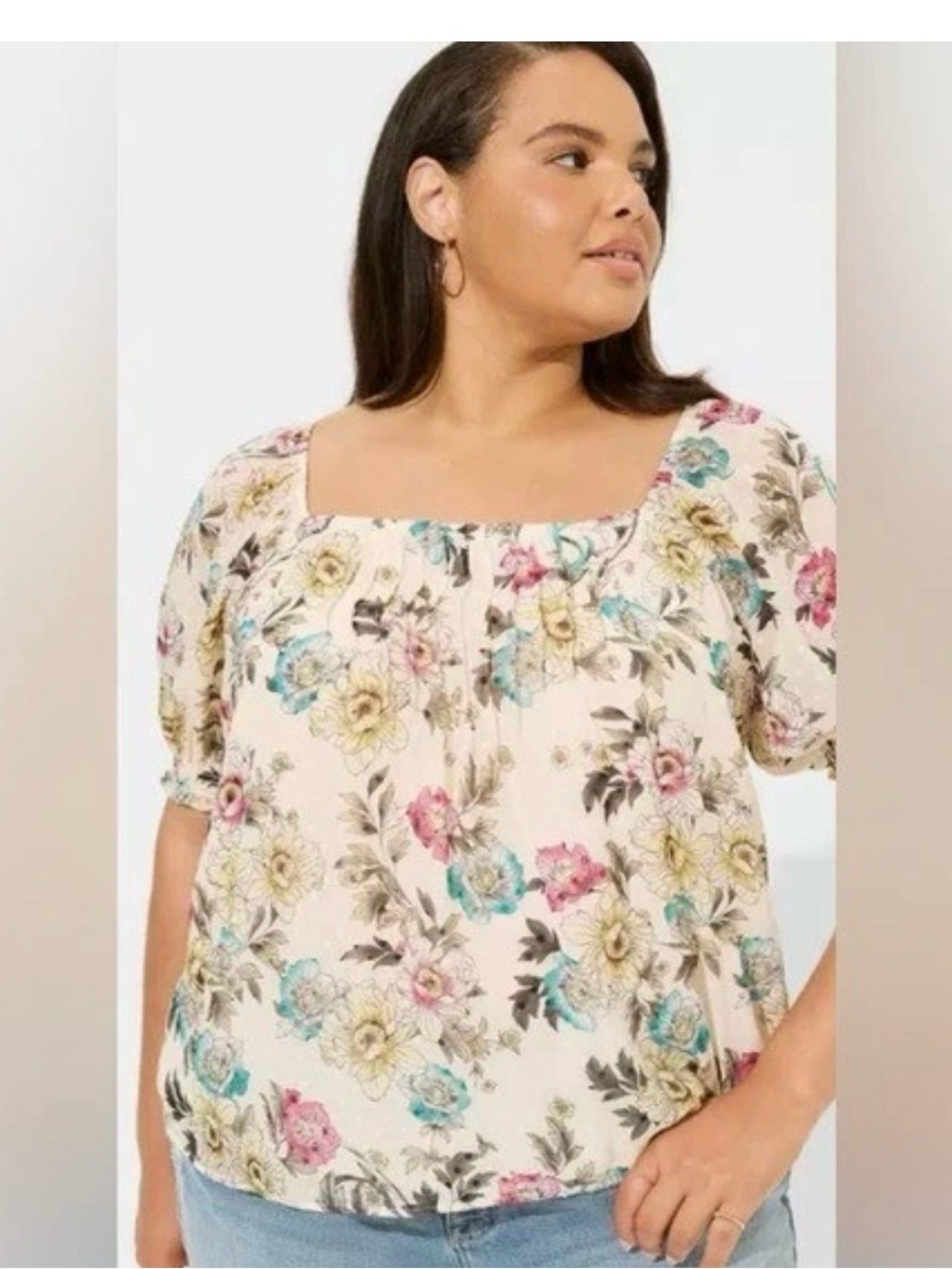 Torrid Cottage core Cream and floral puff sleeve blouse size 0 (Large)